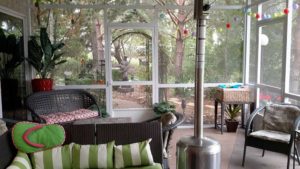 View of forest-like backyard from aluminum screen room